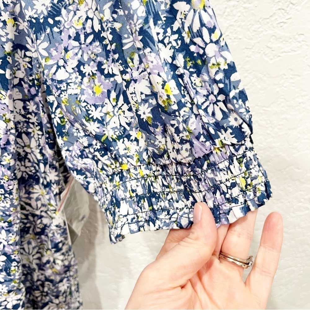 Lane Bryant Top Women's 24 Ditsy Floral Blue & White Button‎ Puff Sleeve NWT - Picture 6 of 10